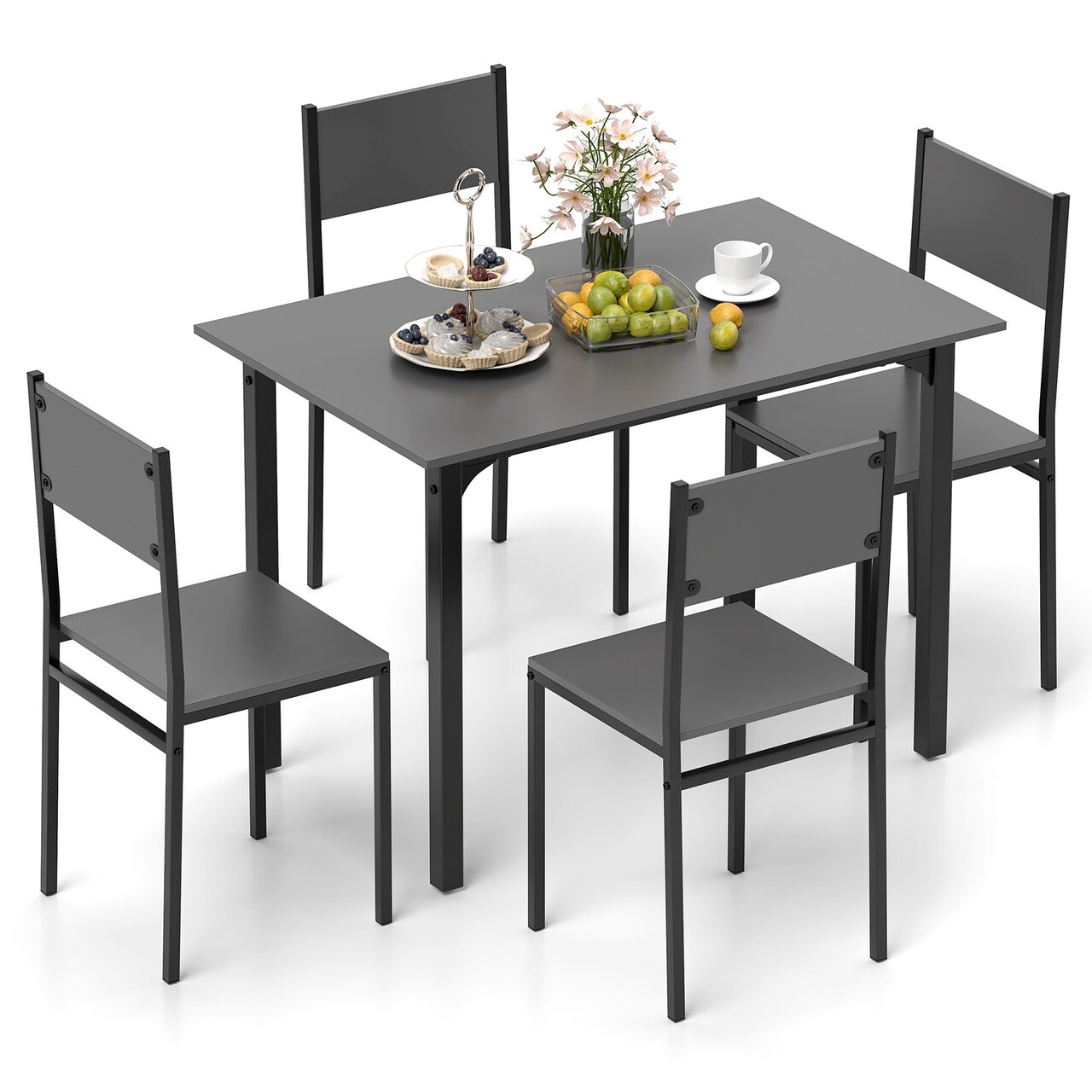 Costway 5 PCS Dining Table Set Industrial Style Kitchen Table & Chairs for 4 Gray/Brown/Dark Brown